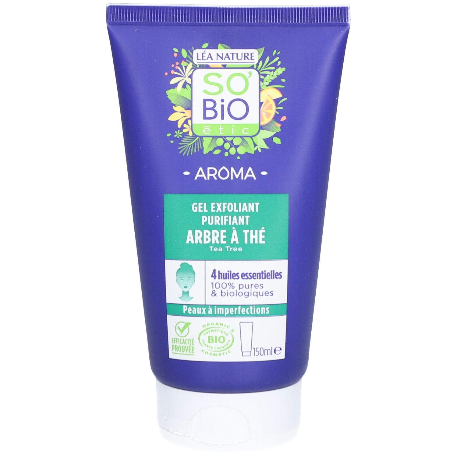 Blaue Tube mit Produkt SO BIO ETIC, grüner Aufschrift und Logo. Text: Gel Exfoliant Purifiant Arbre à Thé.