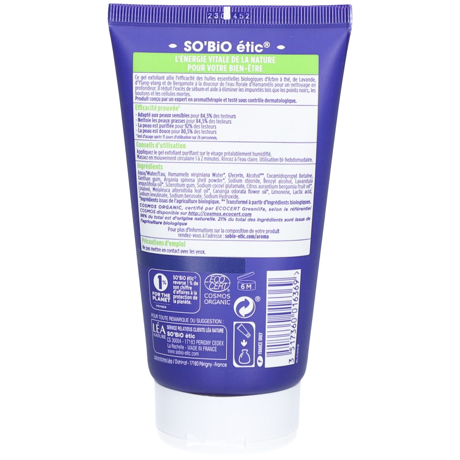 Rückseite der blauen Tube SO BIO ETIC. Text und Logos. COSMOS ORGANIC-Zertifizierung. 6M-Symbol.