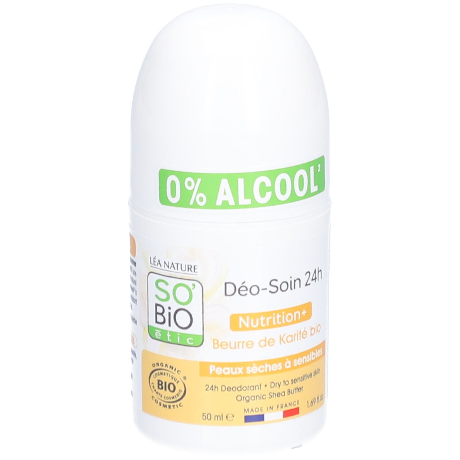 Roll-on blanc. Inscription verte 0% ALCOOL. SO BIO ETIC, Déo-Soin 24h, Nutrition+, Beurre de Karité bio. Label COSMOS ORGANIC.