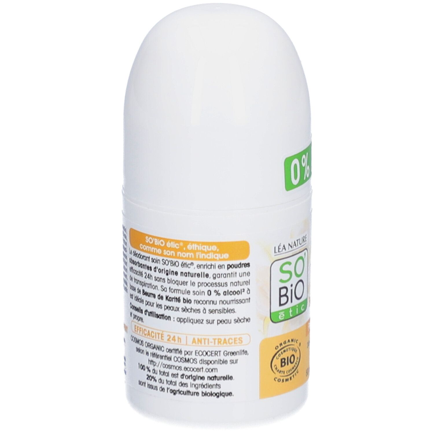 Dos du roll-on blanc. Texte: SO BIO ETIC, Déo-Soin 24h, Nutrition+, Beurre de Karité bio. Certification COSMOS ORGANIC.