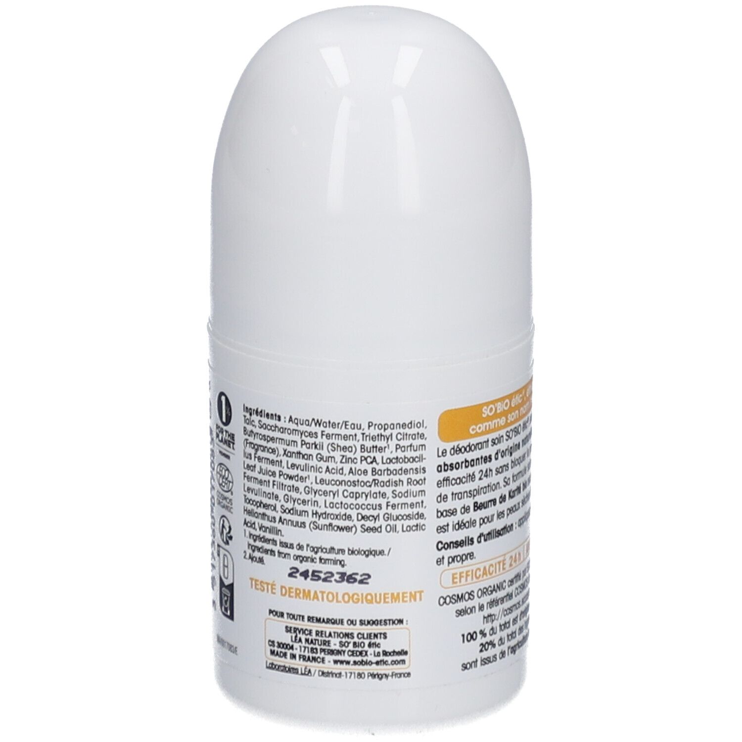 Dos du roll-on blanc. Liste des ingrédients et texte: SO BIO ETIC, Déo-Soin 24h, Nutrition+, Beurre de Karité bio. COSMOS ORGANIC.