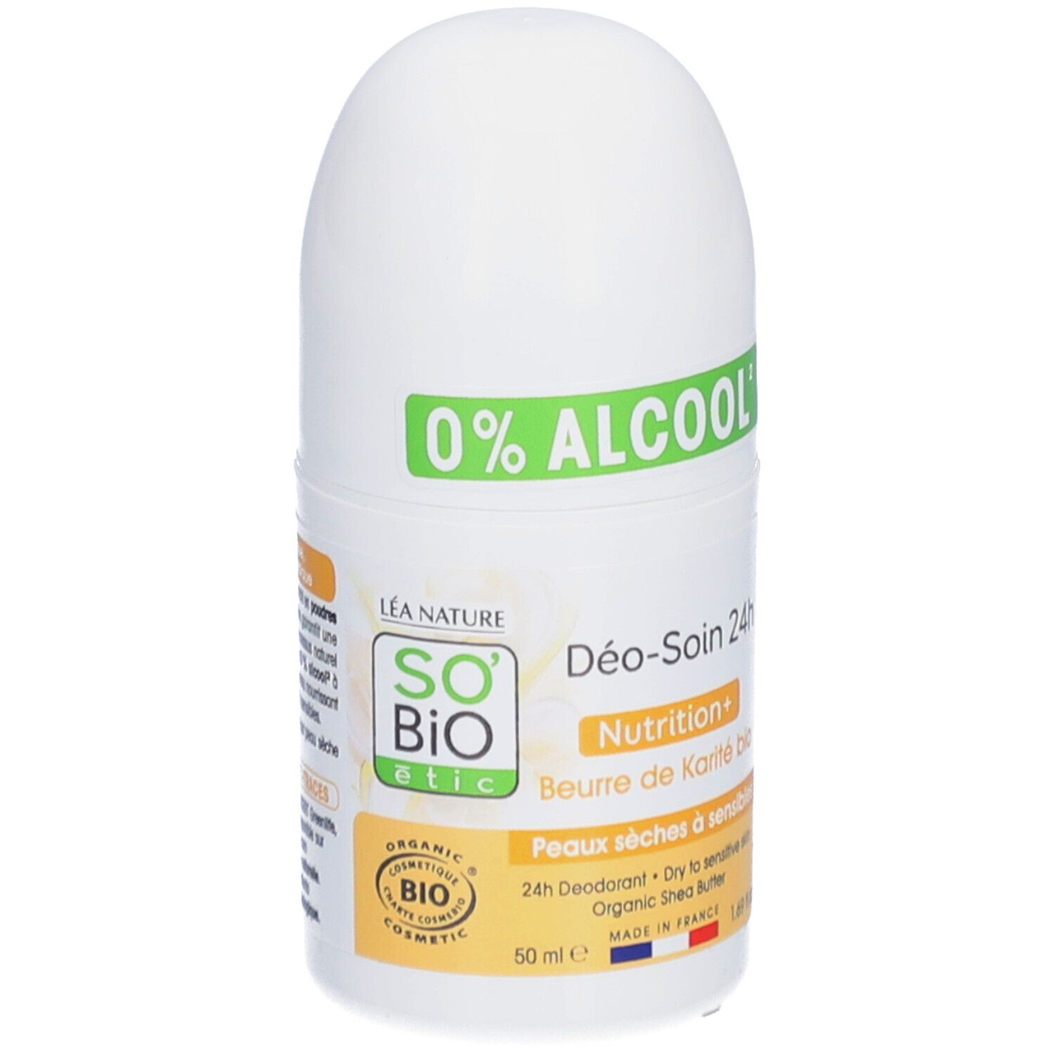Roll-on blanc. Inscription verte 0% ALCOOL. SO BIO ETIC, Déo-Soin 24h, Nutrition+, Beurre de Karité bio. Label COSMOS ORGANIC.
