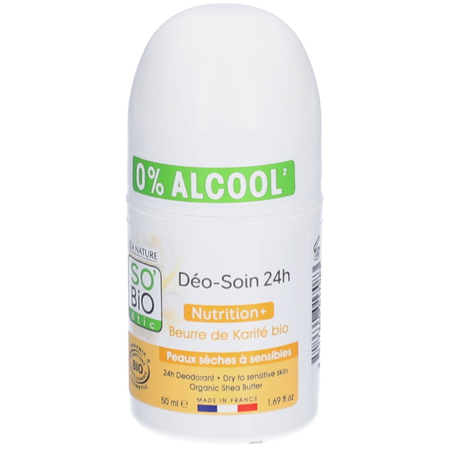 Roll-on blanc. Inscription verte 0% ALCOOL. SO BIO ETIC, Déo-Soin 24h, Nutrition+, Beurre de Karité bio. 1.69 fl oz.