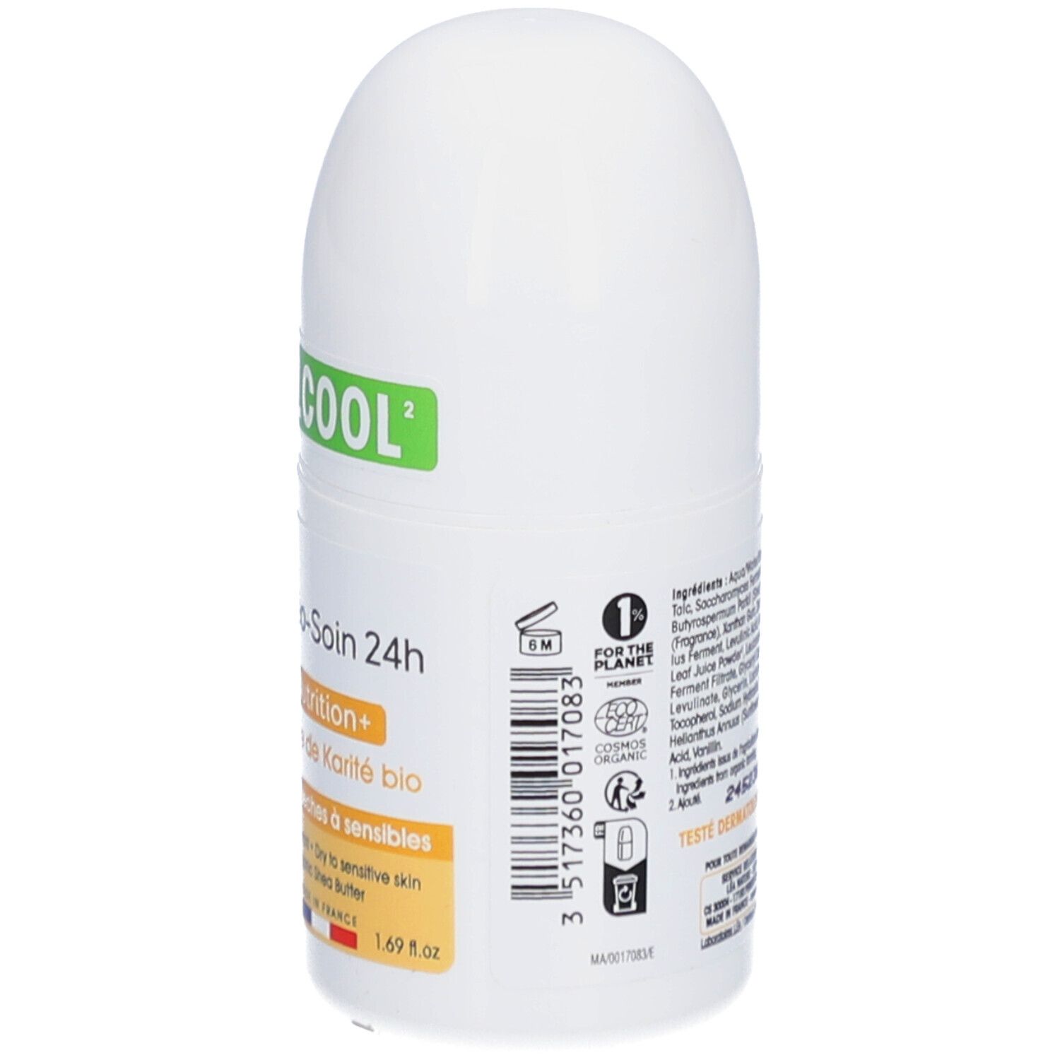 Dos du roll-on blanc. Texte: SO BIO ETIC, Déo-Soin 24h, Nutrition+, Beurre de Karité bio. 1.69 fl oz. COSMOS ORGANIC.