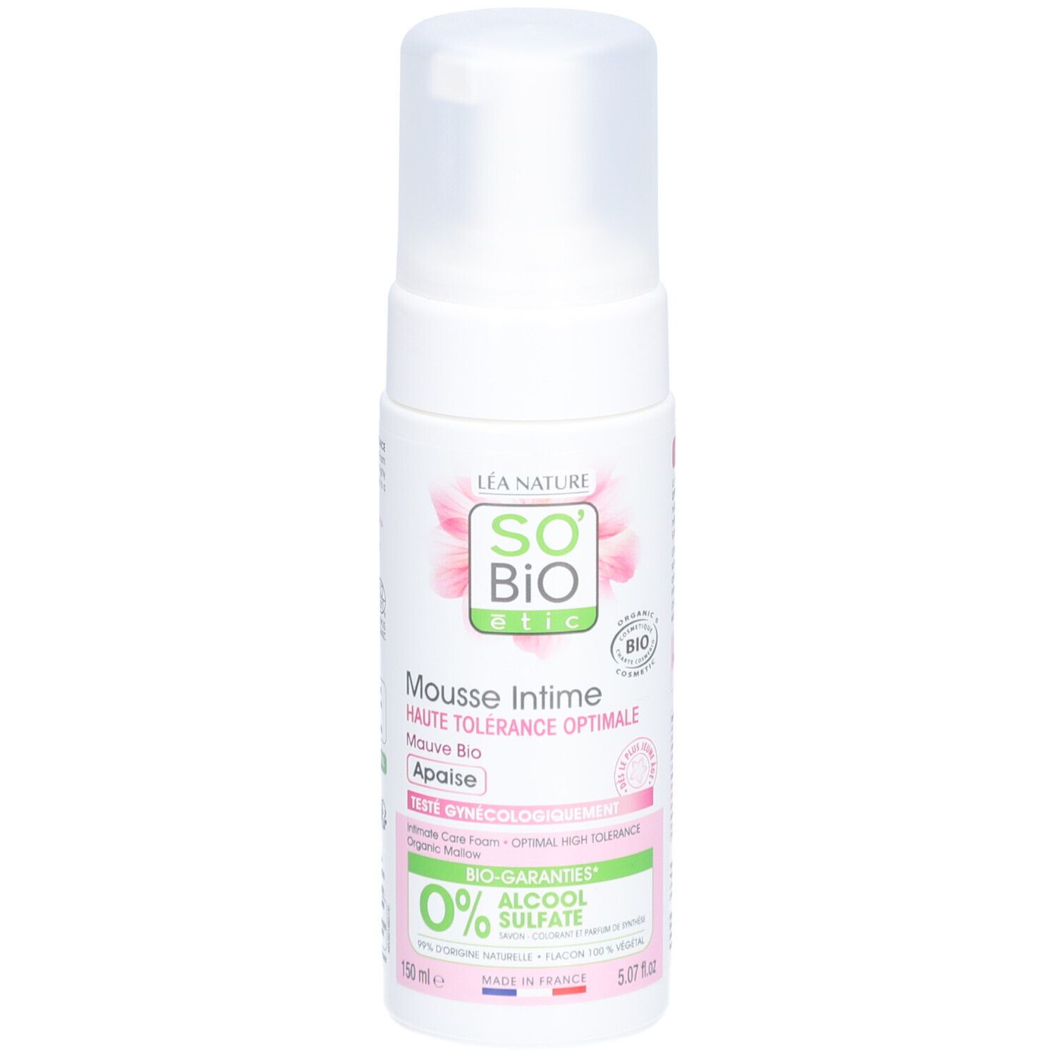 SO BIO ETIC Mousse Intime Mauve Bio. Weiße Flasche mit Sprühkopf. Produktname und Logo sichtbar. Bio-Zertifizierung.