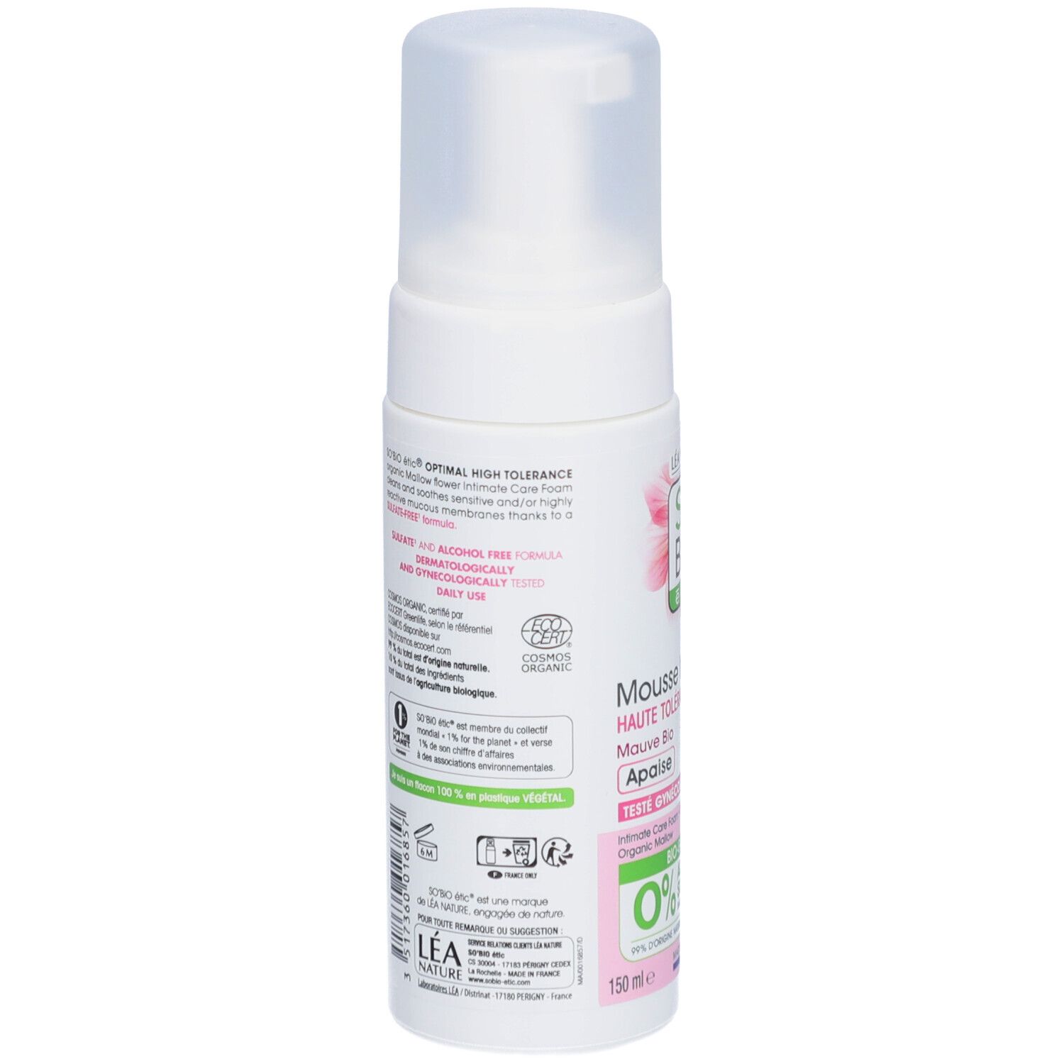 SO BIO ETIC Mousse Intime Mauve Bio. Rückseite der Flasche. Text und Logos. Bio-Zertifizierung. Inhaltsstoffe und Hersteller.