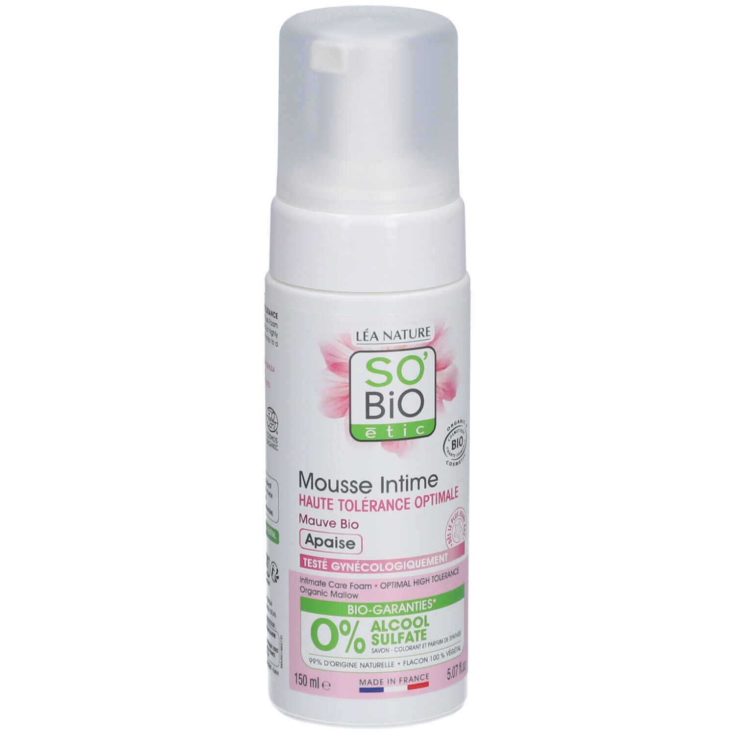 SO BIO ETIC Mousse Intime Mauve Bio. Weiße Flasche mit Sprühkopf. Produktname und Logo sichtbar. Bio-Zertifizierung.