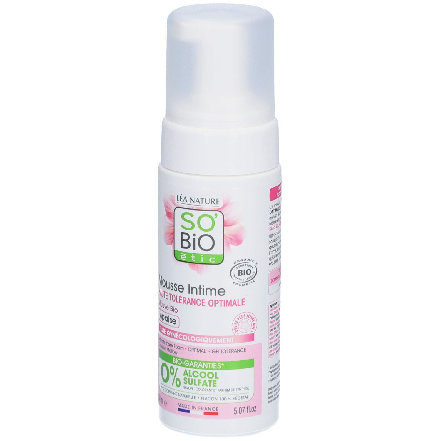 SO BIO ETIC Mousse Intime Mauve Bio. Weiße Flasche mit Sprühkopf. Produktname und Logo sichtbar. Bio-Zertifizierung.