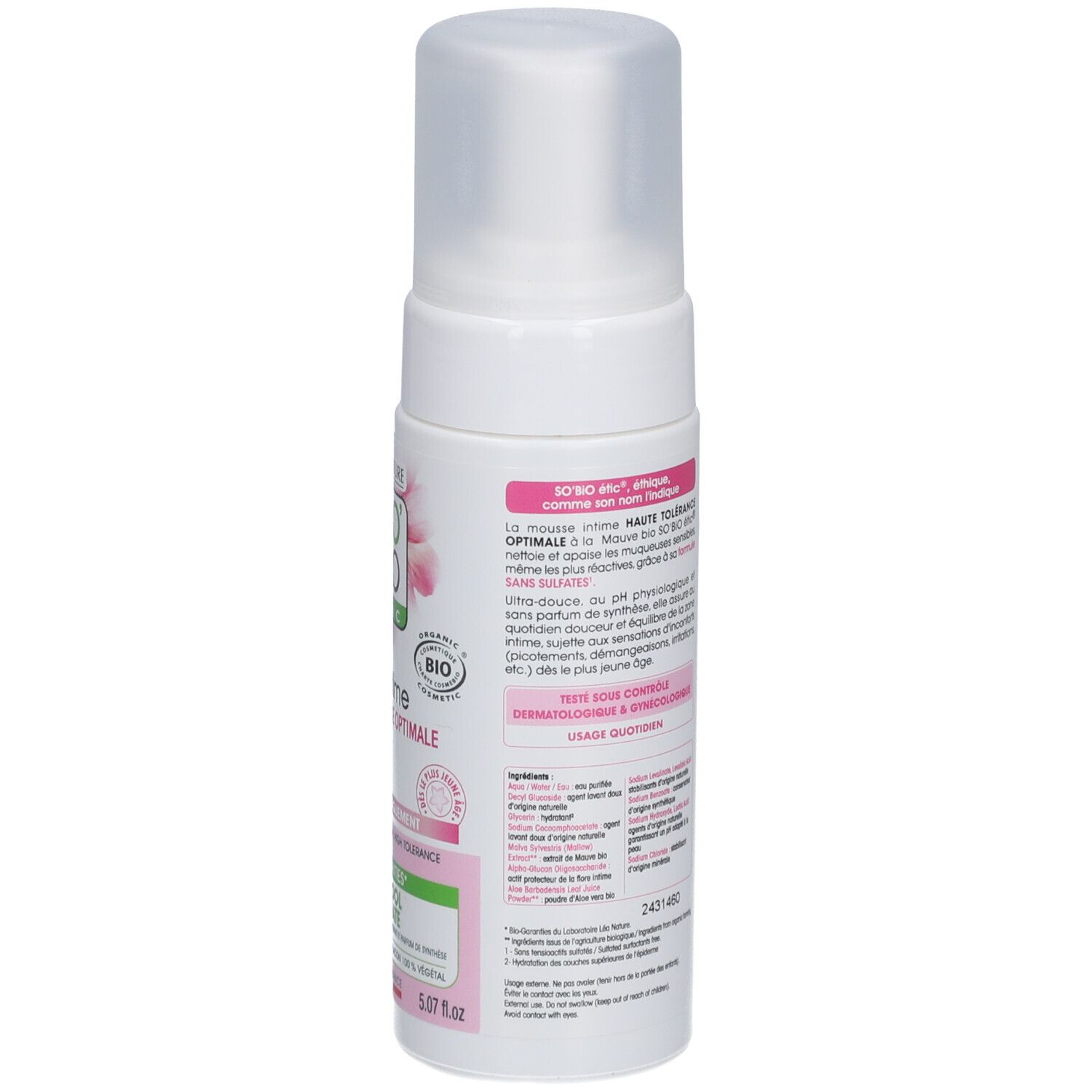 SO BIO ETIC Mousse Intime Mauve Bio. Rückseite der Flasche. Text und Logos. Bio-Zertifizierung. Inhaltsstoffe und Hersteller.