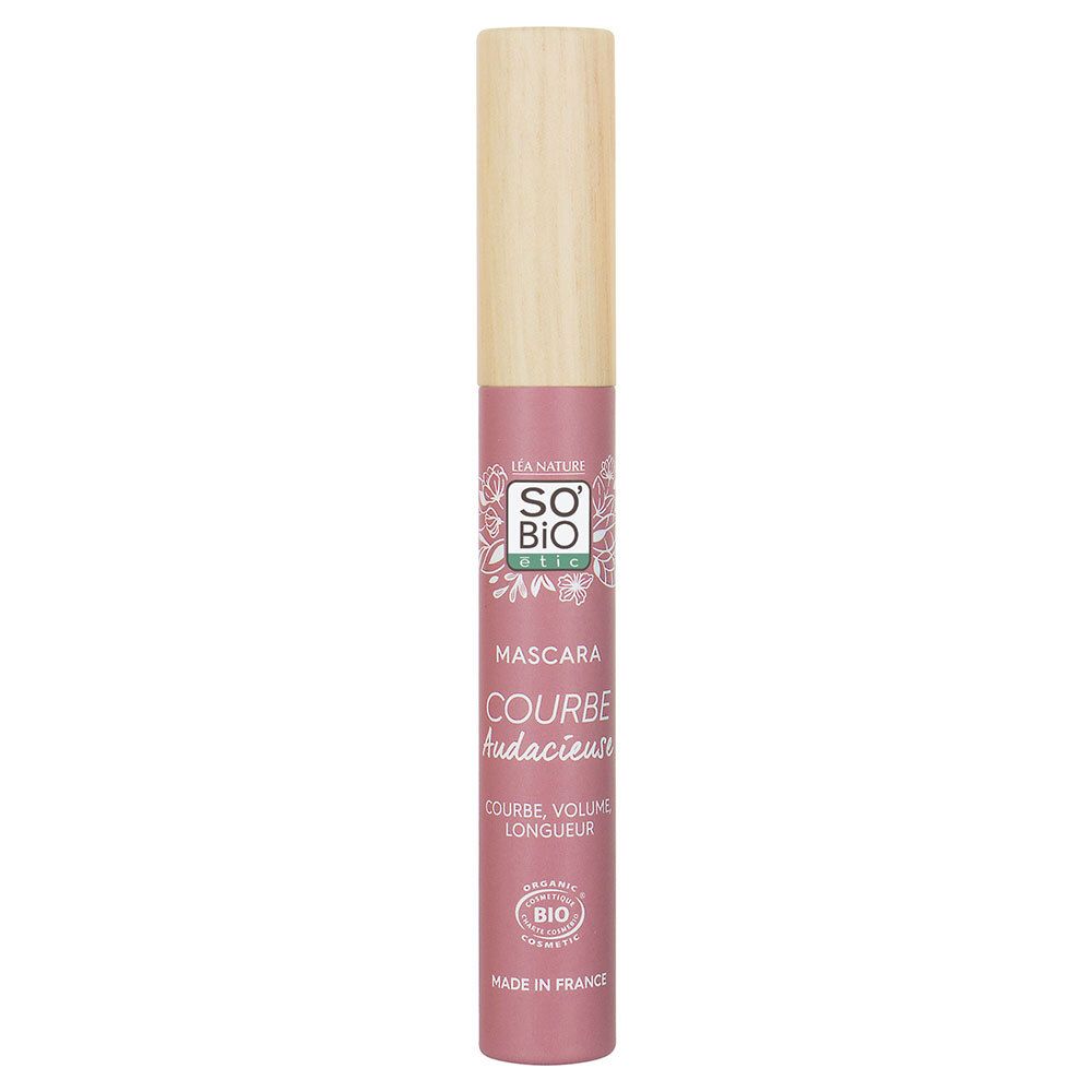 Mascara-Tube, rosa, mit hellem Holzdeckel. Aufschrift: SO'BiO étic, Mascara Courbe Audacieuse Bio.