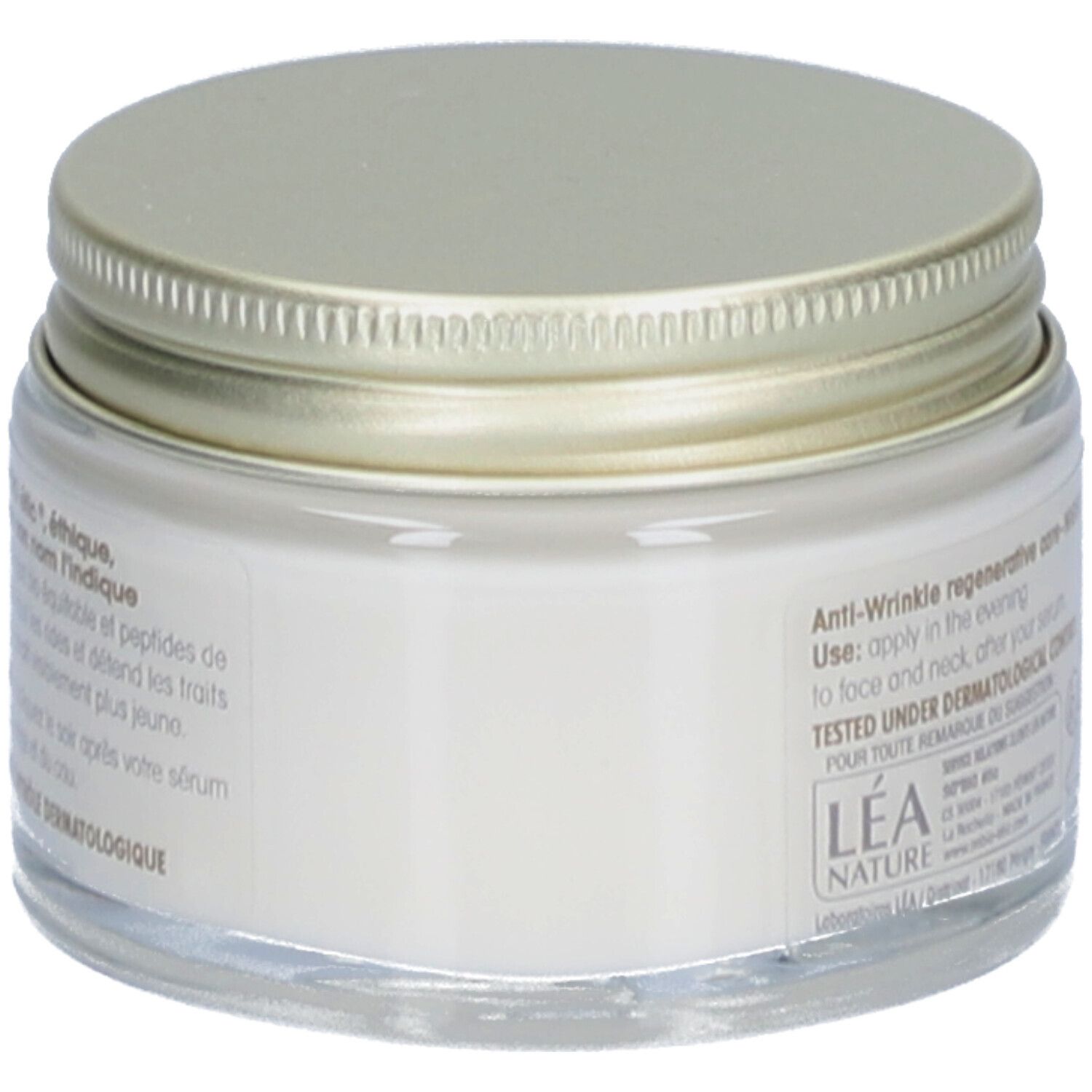 Pot de crème avec couvercle doré. Vue arrière. Texte: Soin anti-rides nuit. Léa Nature. Testé sous contrôle dermatologique.
