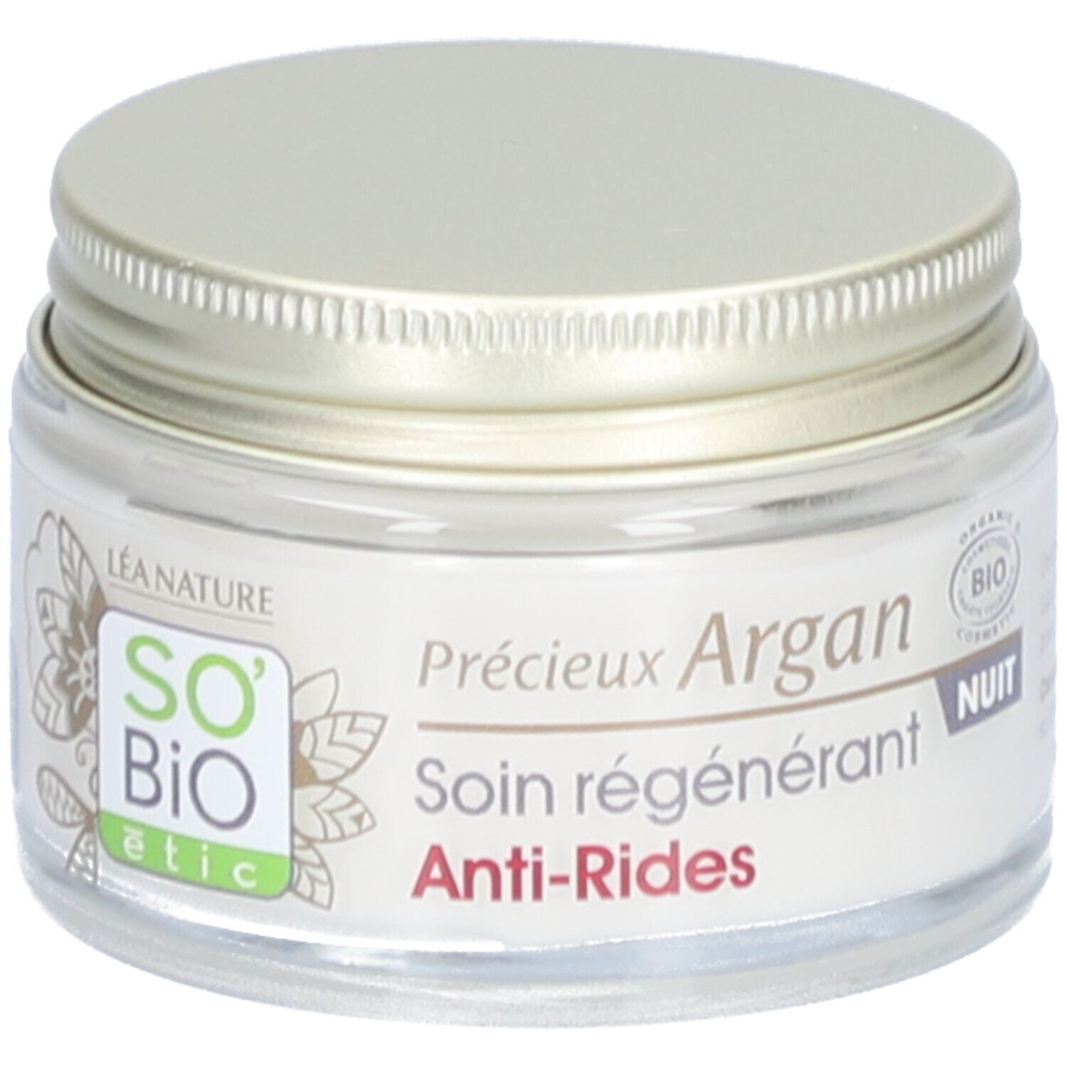 Pot de crème avec couvercle doré. Inscriptions: SO BIO etic, Léa Nature. Texte: Précieux Argan, Soin régénérant Anti-Rides Nuit.