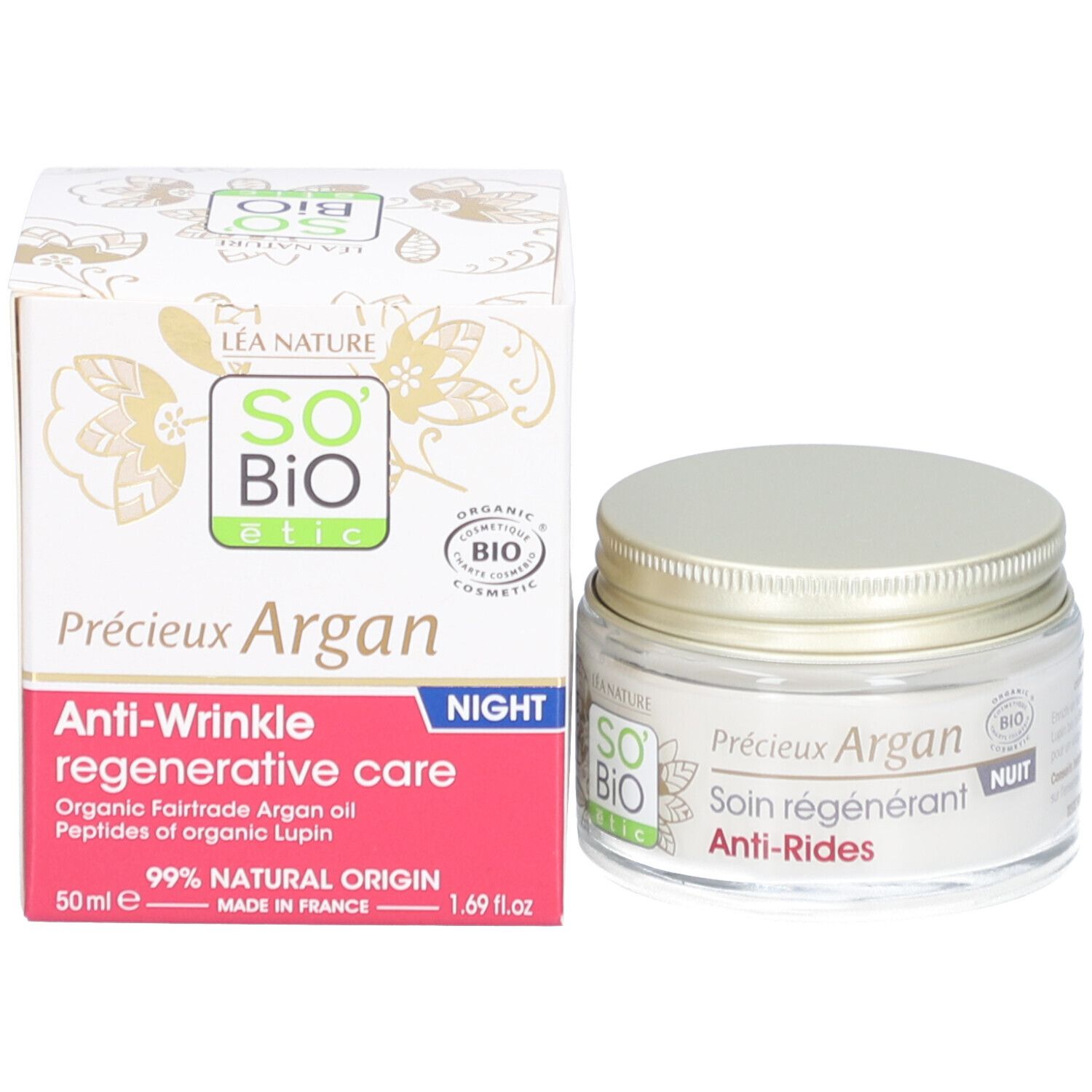 Pot de crème avec couvercle doré et boîte. Inscriptions: SO BIO etic, Léa Nature. Texte: Précieux Argan, Soin anti-rides nuit. 50ml.