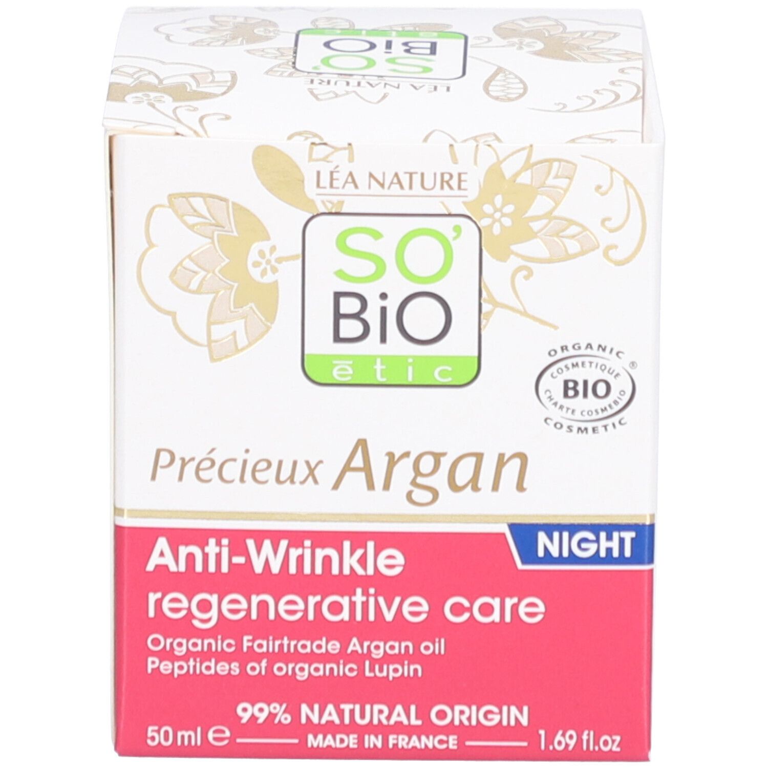 Boîte avec inscriptions: SO BIO etic, Léa Nature. Texte: Précieux Argan, Soin anti-rides nuit. 50ml. 99% d'origine naturelle.