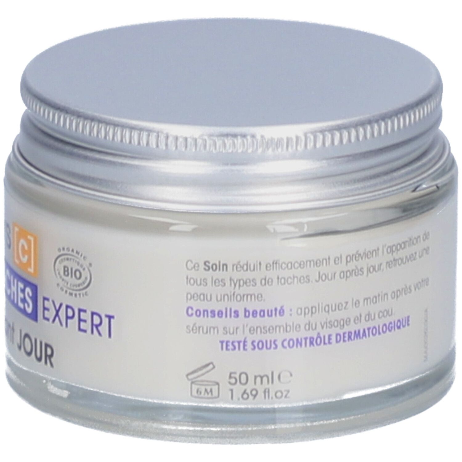 Creme-Glas mit silbernem Deckel. Aufschrift: Expert Anti-Flecken Tag. Bio-Zertifizierung. 50 ml.