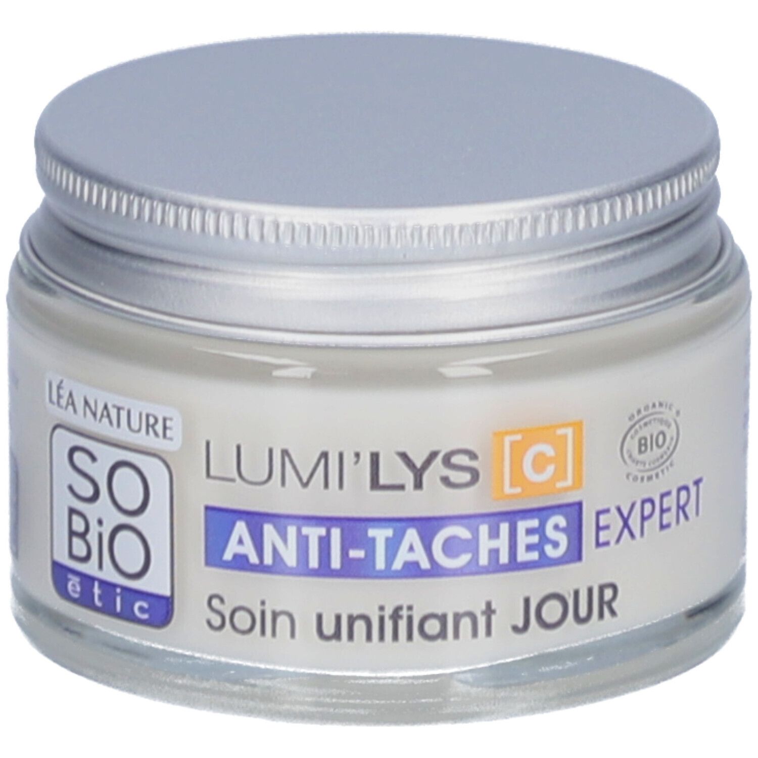 Creme-Glas mit silbernem Deckel. Aufschrift: SO BIO etic, Lumi'Lys, Anti-Flecken Expert, Soin unifiant JOUR. Bio-Zertifizierung.