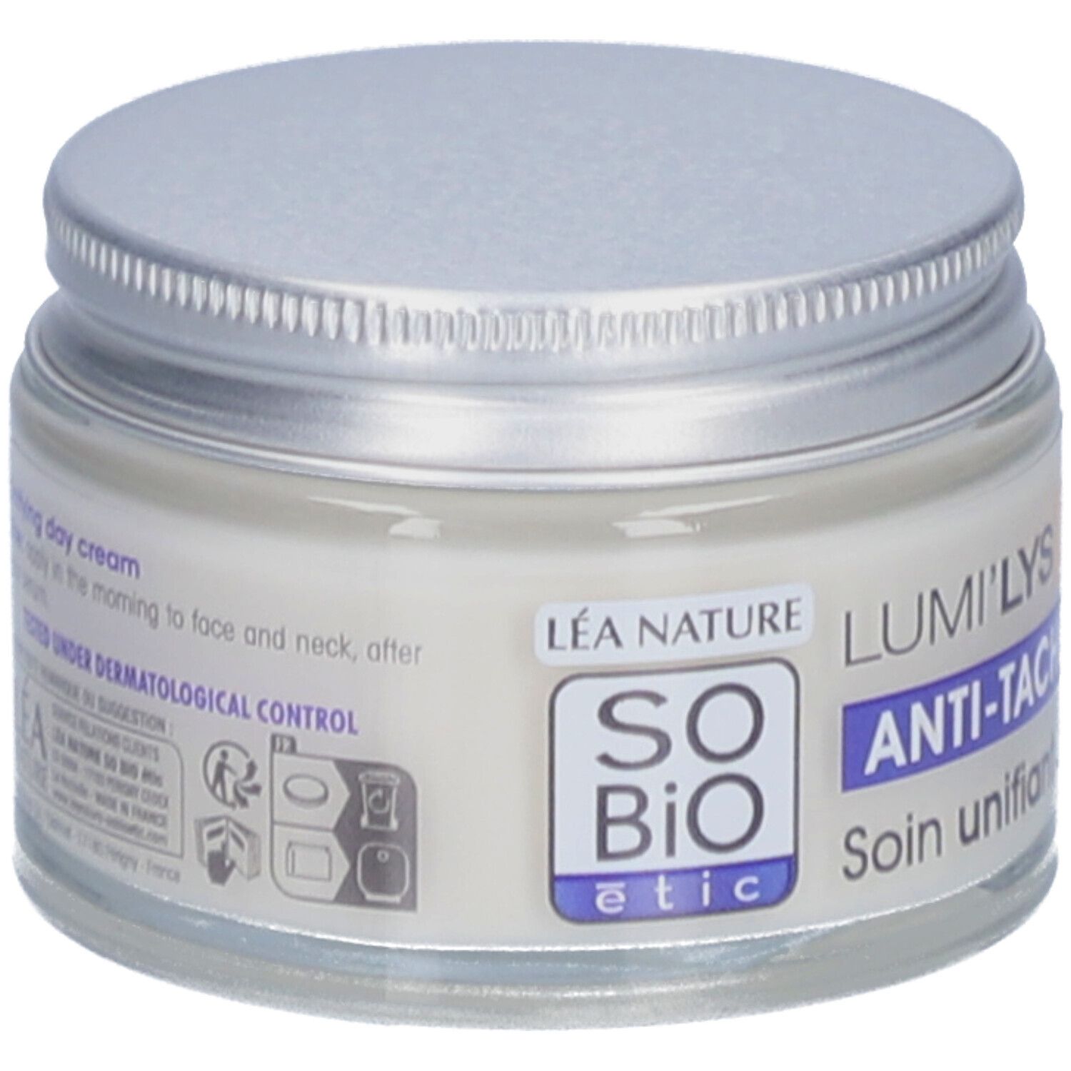 Creme-Glas mit silbernem Deckel. Aufschrift: SO BIO etic, Lumi'Lys, Anti-Flecken, Soin unifiant JOUR. Getestet unter dermatologischer Kontrolle.