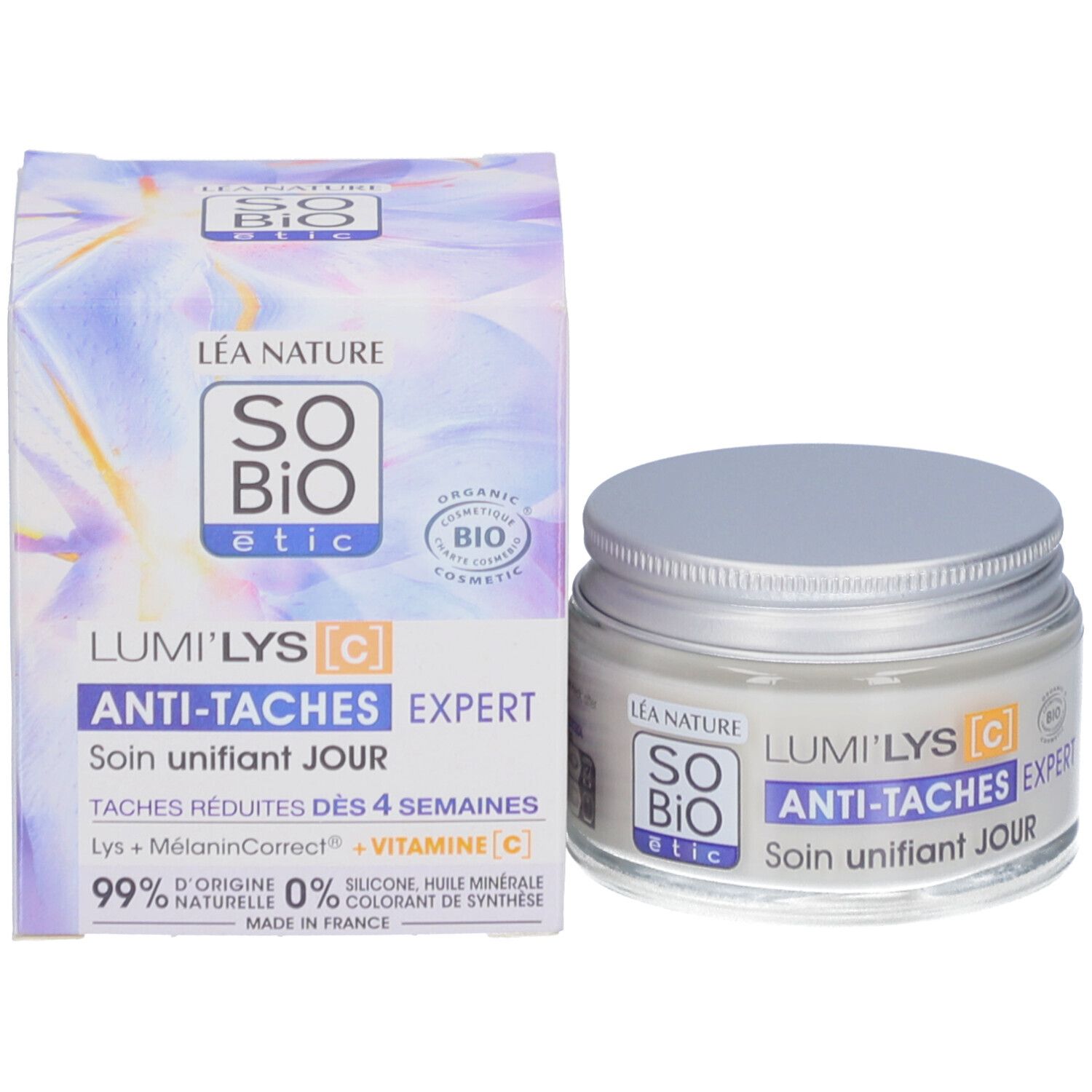 Creme-Glas und Schachtel. Aufschrift: SO BIO etic, Lumi'Lys, Anti-Flecken Expert, Soin unifiant JOUR. Bio-Zertifizierung.