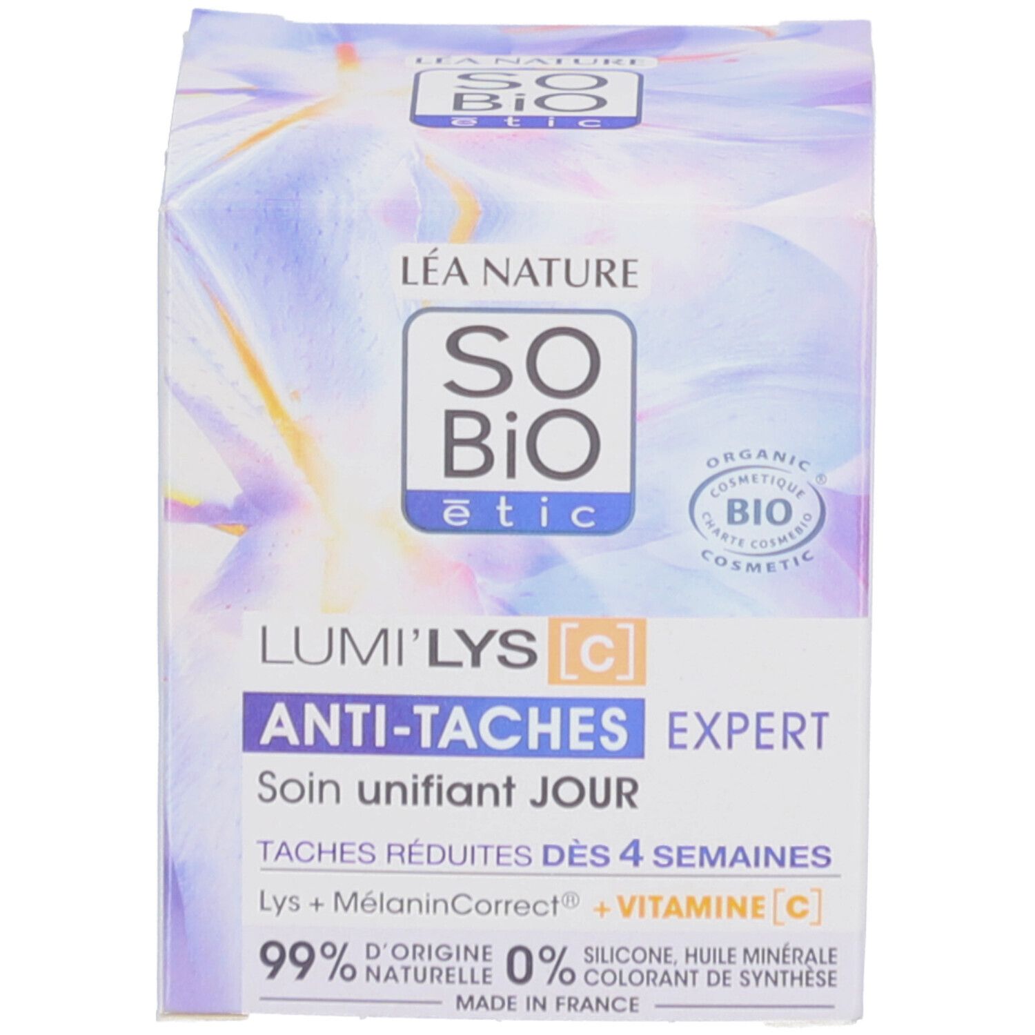 Schachtel. Aufschrift: SO BIO etic, Lumi'Lys, Anti-Flecken Expert, Soin unifiant JOUR. Bio-Zertifizierung.
