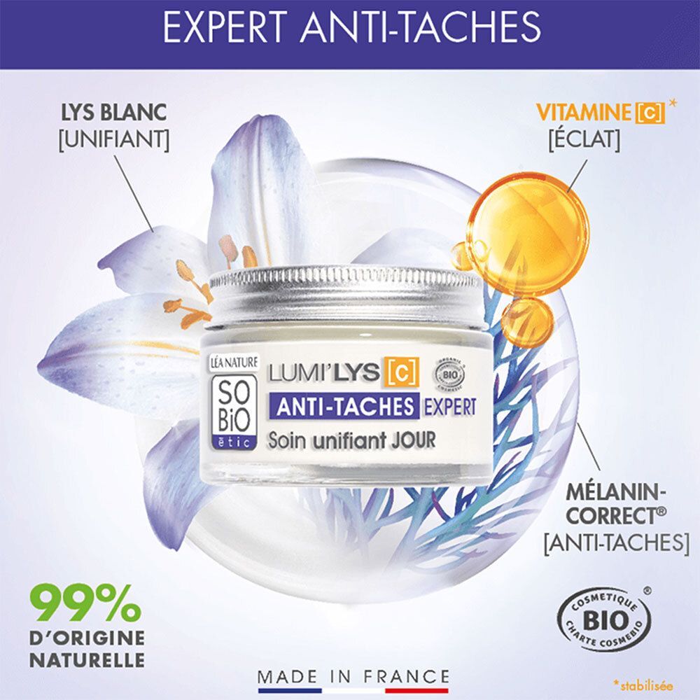 Pot de crème avec couvercle argenté, entouré d'illustrations. Inscriptions: SO'BiO étic, LUMI'LYS [C] ANTI-TACHES EXPERT. Avec vitamine C.