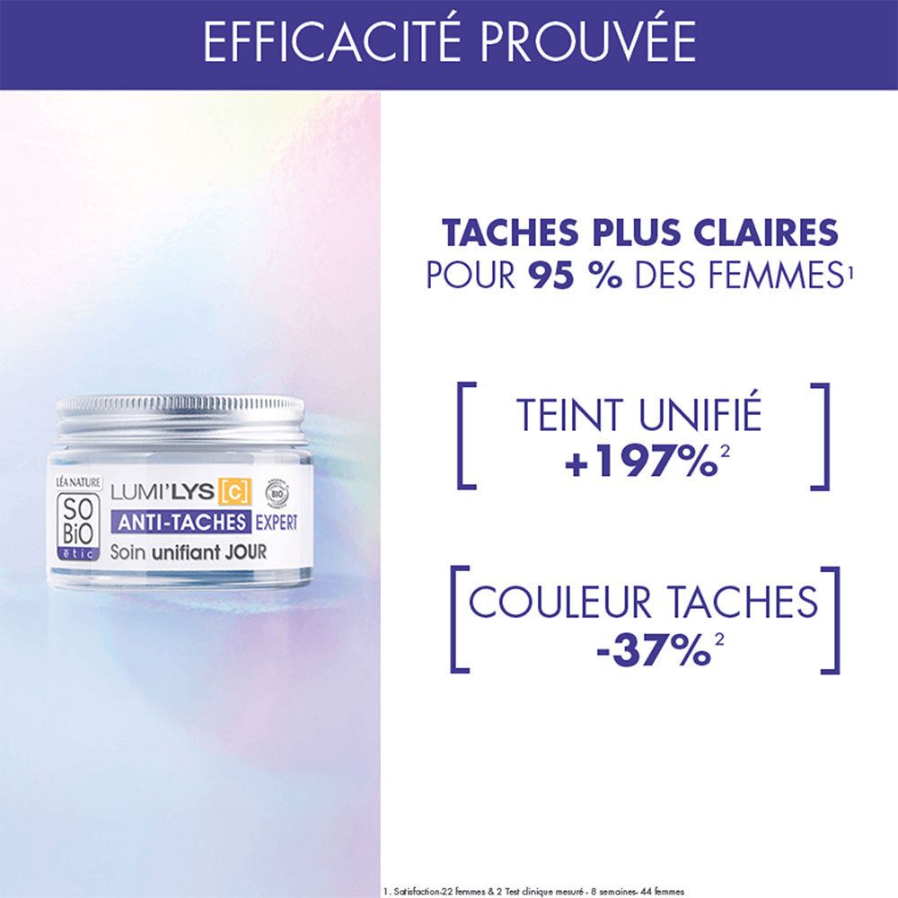 Pot de crème avec couvercle argenté. Texte: TACHES PLUS CLAIRES POUR 95 % DES FEMMES. Teint unifié +197%. Couleur taches -37%.