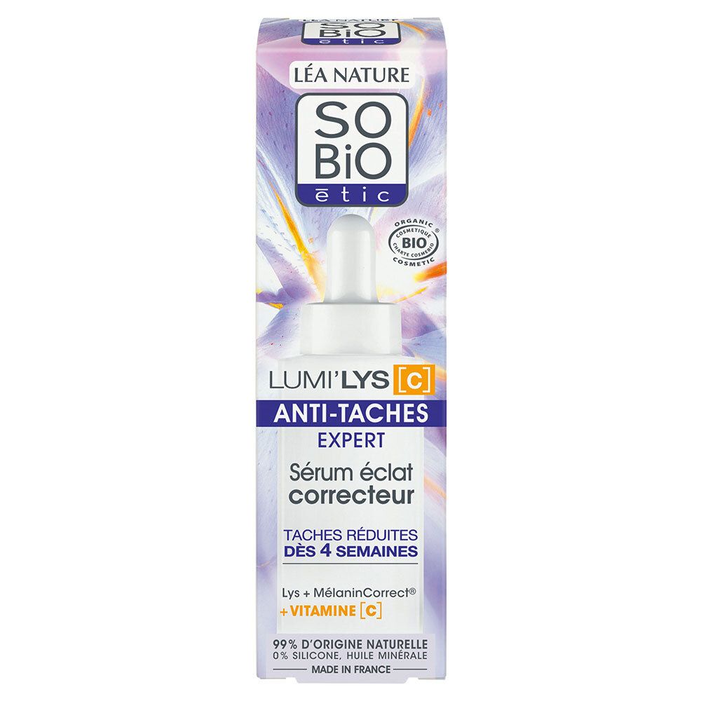 Sérum LUMI'LYS SO'Bio étic avec emballage. Flacon avec pipette. Inscription: Anti-taches, Vitamine C. Certification bio.