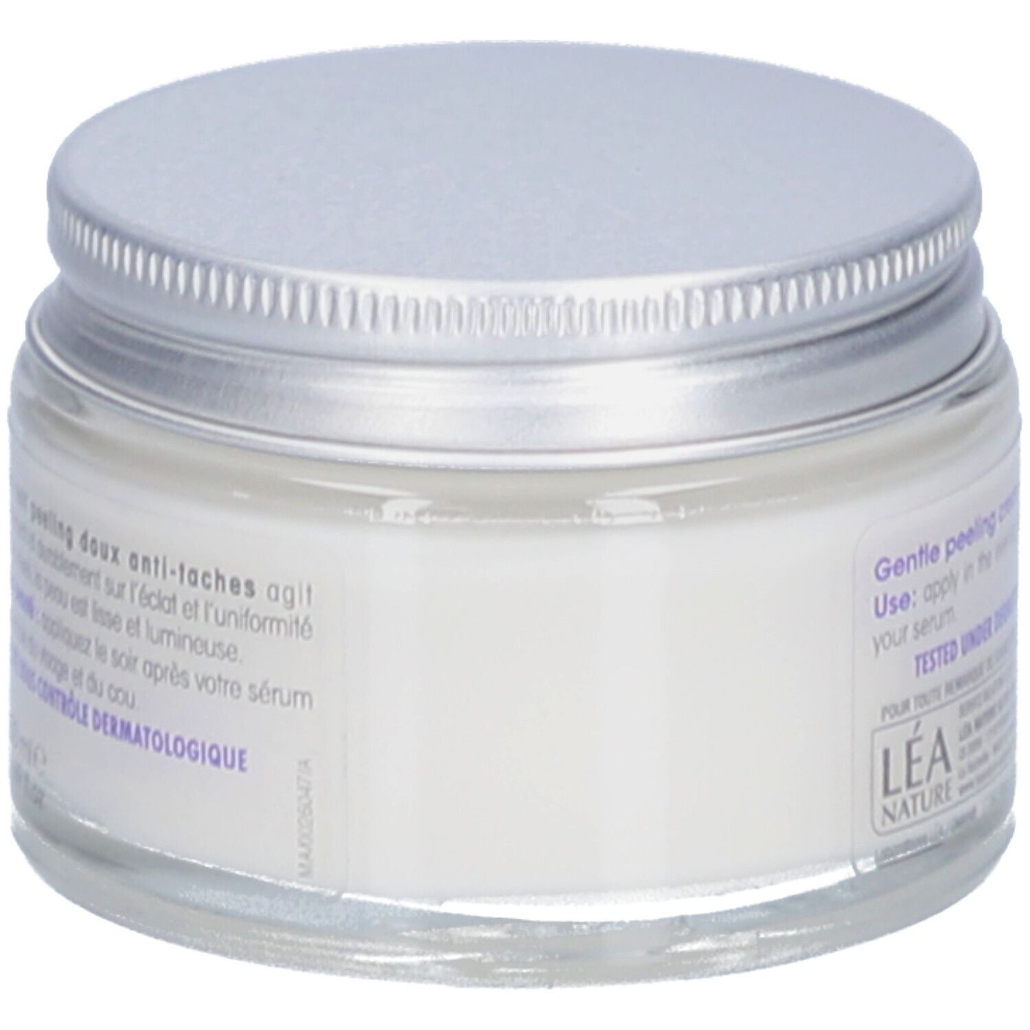Creme in einem Glas mit silbernem Deckel. Aufschrift: SO BIO étic, Gentle peeling cream - NIGHT. Getestet unter dermatologischer Kontrolle.