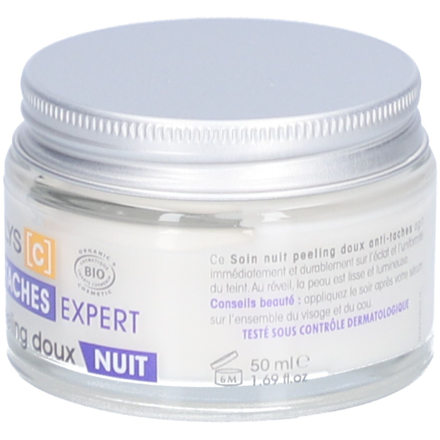 Creme in einem Glas mit silbernem Deckel. Aufschrift: Lumi'Lys Anti-Taches Expert Nuit, 50 ml. Mit Bio-Zertifizierung.