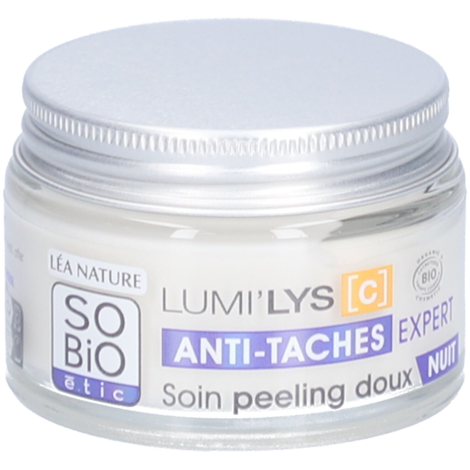 Creme in einem Glas mit silbernem Deckel. Aufschrift: Lumi'Lys Anti-Taches Expert Nuit. Mit Bio-Zertifizierung.