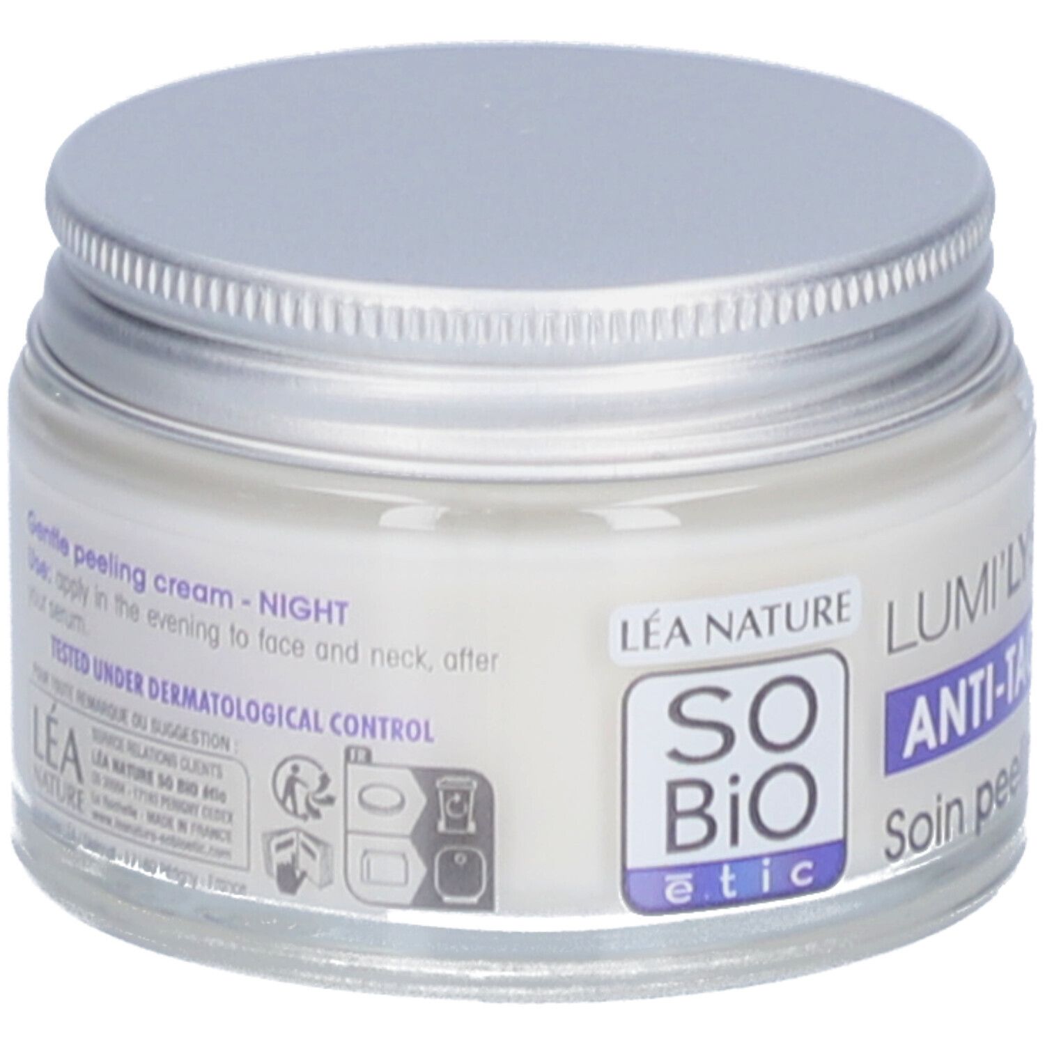 Creme in einem Glas mit silbernem Deckel. Aufschrift: SO BIO étic, Lumi'Lys Anti-Taches Expert Nuit. Getestet unter dermatologischer Kontrolle.