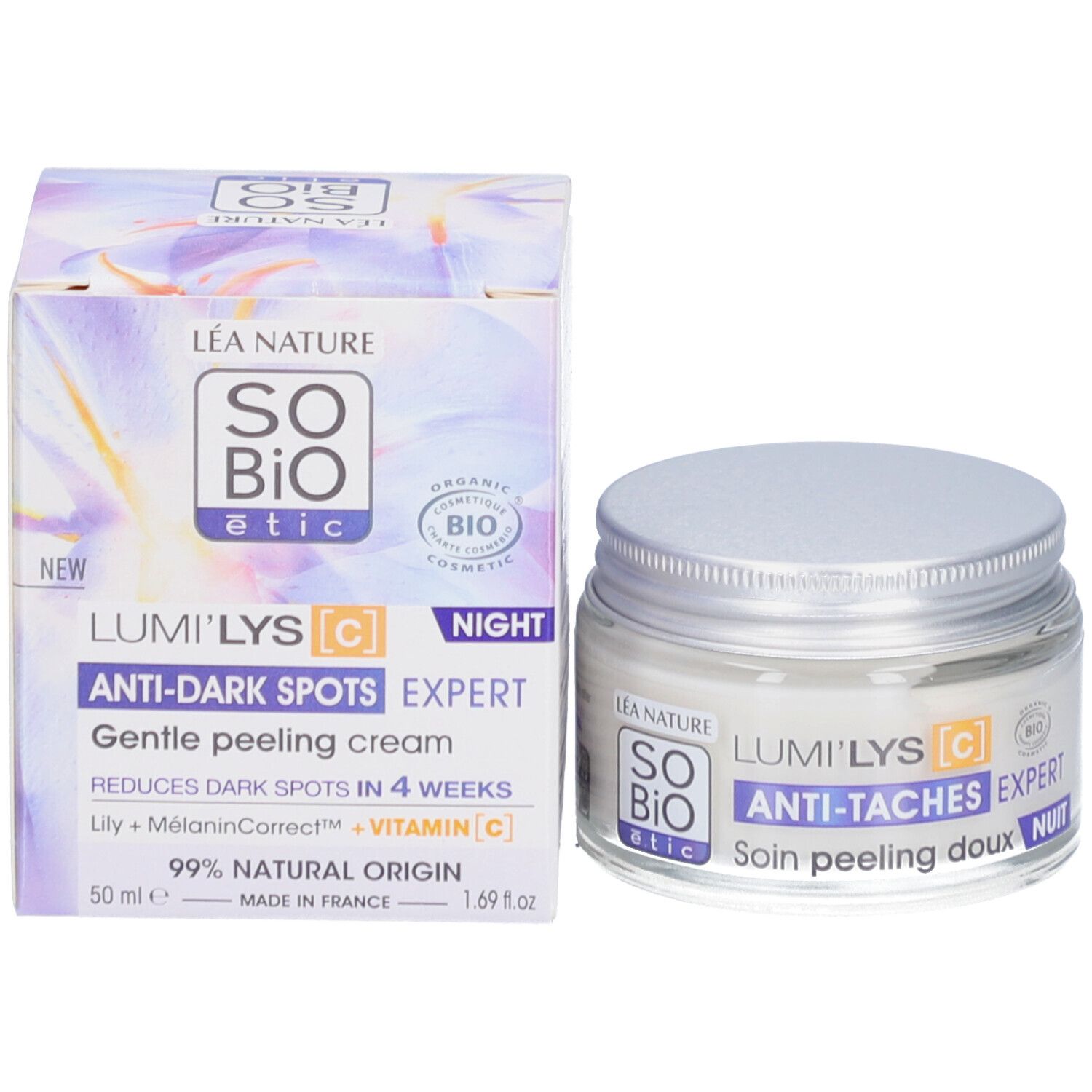 Produktverpackung und Creme-Glas. Aufschrift: SO BIO étic, Lumi'Lys Anti-Taches Expert Nuit, 50 ml. 99% natürlichen Ursprungs.