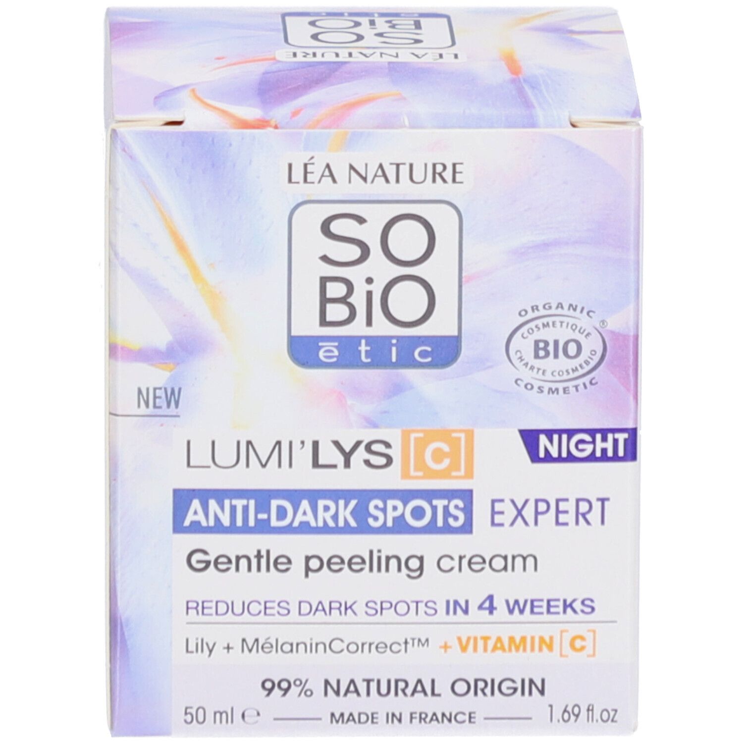 Produktverpackung. Aufschrift: SO BIO étic, Lumi'Lys Anti-Taches Expert Nuit, 50 ml. 99% natürlichen Ursprungs.