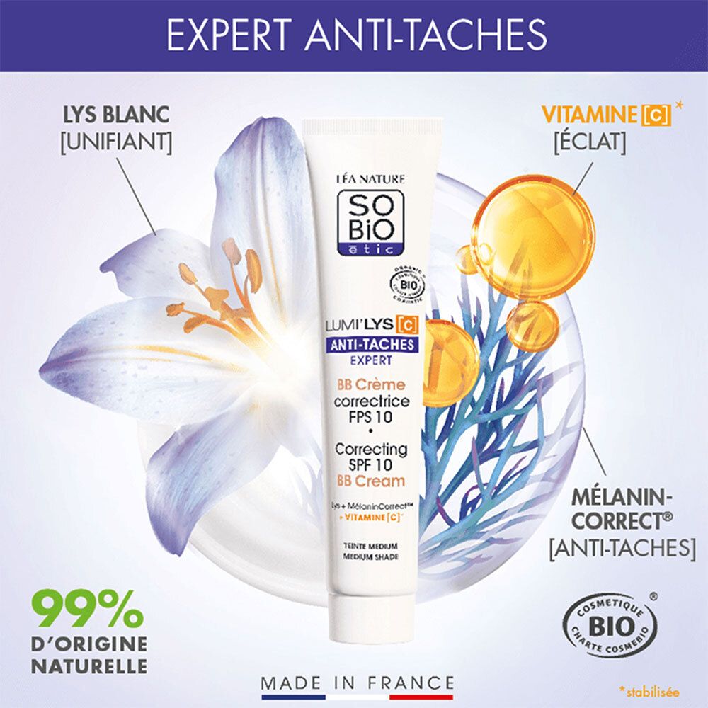 SO'BiO étic LUMI'LYS BB Cream, Tube. Anti-Flecken, SPF 10. Mit Lys Blanc, Vitamin C, MelaninCorrect.