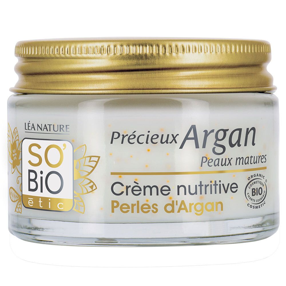 Creme-Glas mit goldfarbenem Deckel. Aufschrift: SO'BiO étic, Précieux Argan, Crème nutritive Perles d'Argan. Bio-Zertifizierung.
