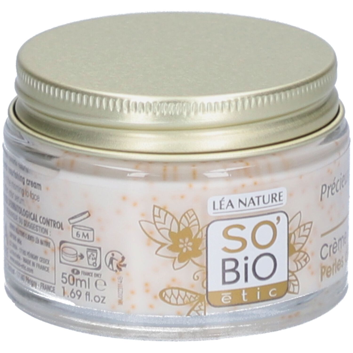 Creme-Glas mit goldfarbenem Deckel. SO BIO étic Logo. Creme mit Perlen. Aufschrift: 50ml e 1.69 fl.oz.