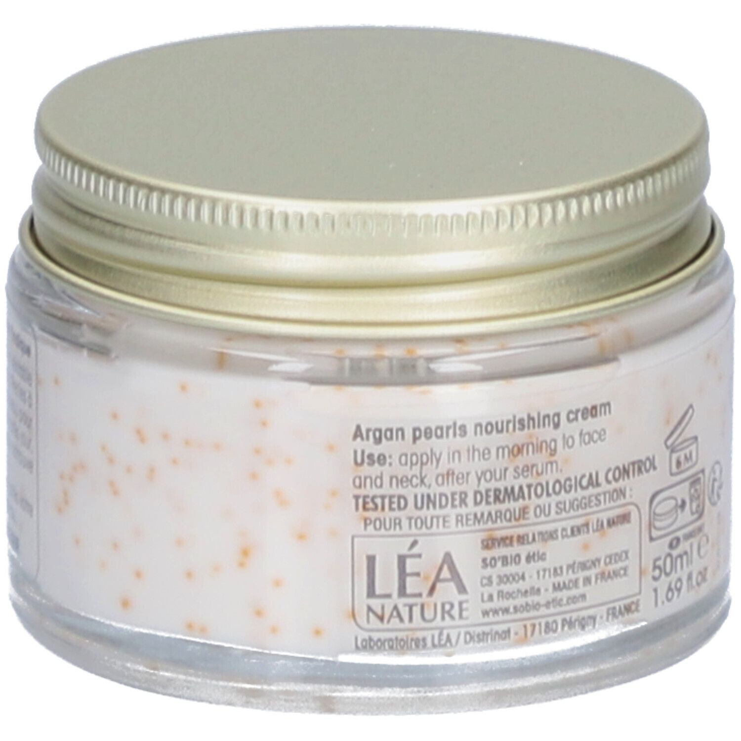 Creme-Glas mit goldfarbenem Deckel. Aufschrift: Argan pearls nourishing cream. Getestet unter dermatologischer Kontrolle. 50ml e 1.69 fl.oz.