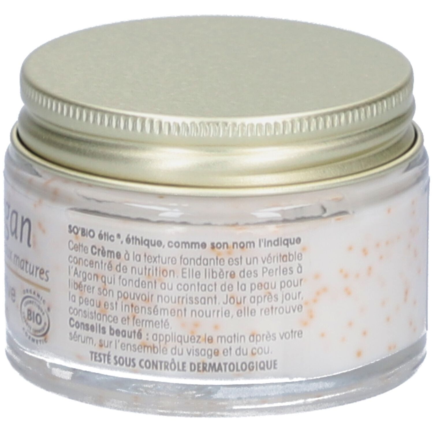 Creme-Glas mit goldfarbenem Deckel. Aufschrift: SO BIO étic. Creme mit Perlen. Bio-Kosmetik-Logo. Text auf Französisch.