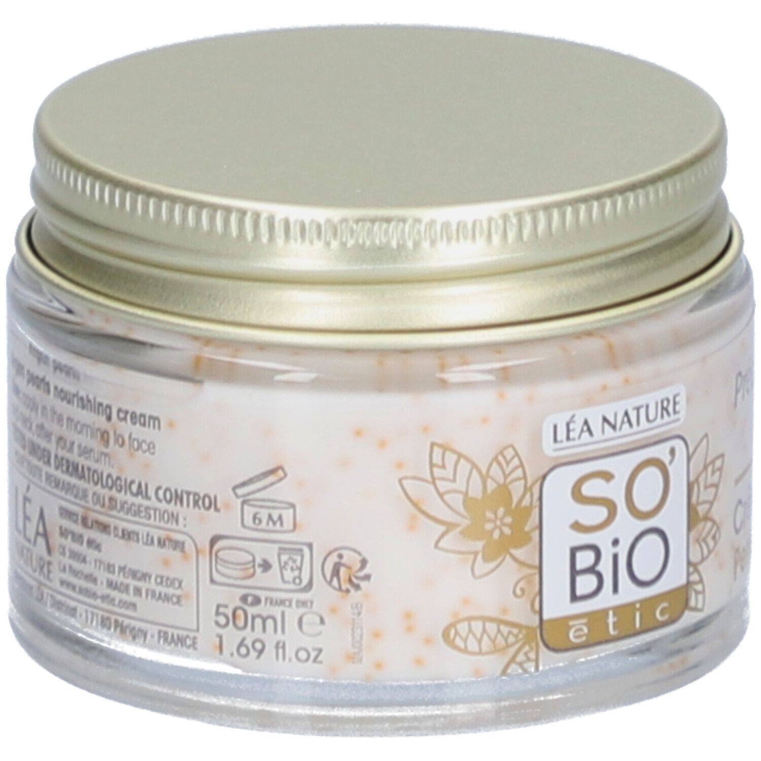 Creme-Glas mit goldfarbenem Deckel. SO BIO étic Logo. Creme mit Perlen. Aufschrift: 50ml e 1.69 fl.oz. Getestet unter dermatologischer Kontrolle.