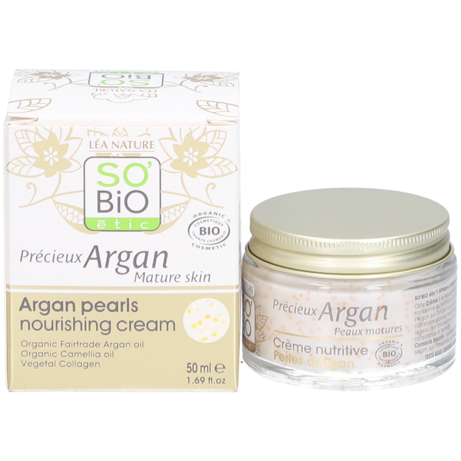 Emballage et pot en verre. Inscriptions: SO BIO etic, Précieux Argan, Crème nutritive Perles d'Argan. 50ml.