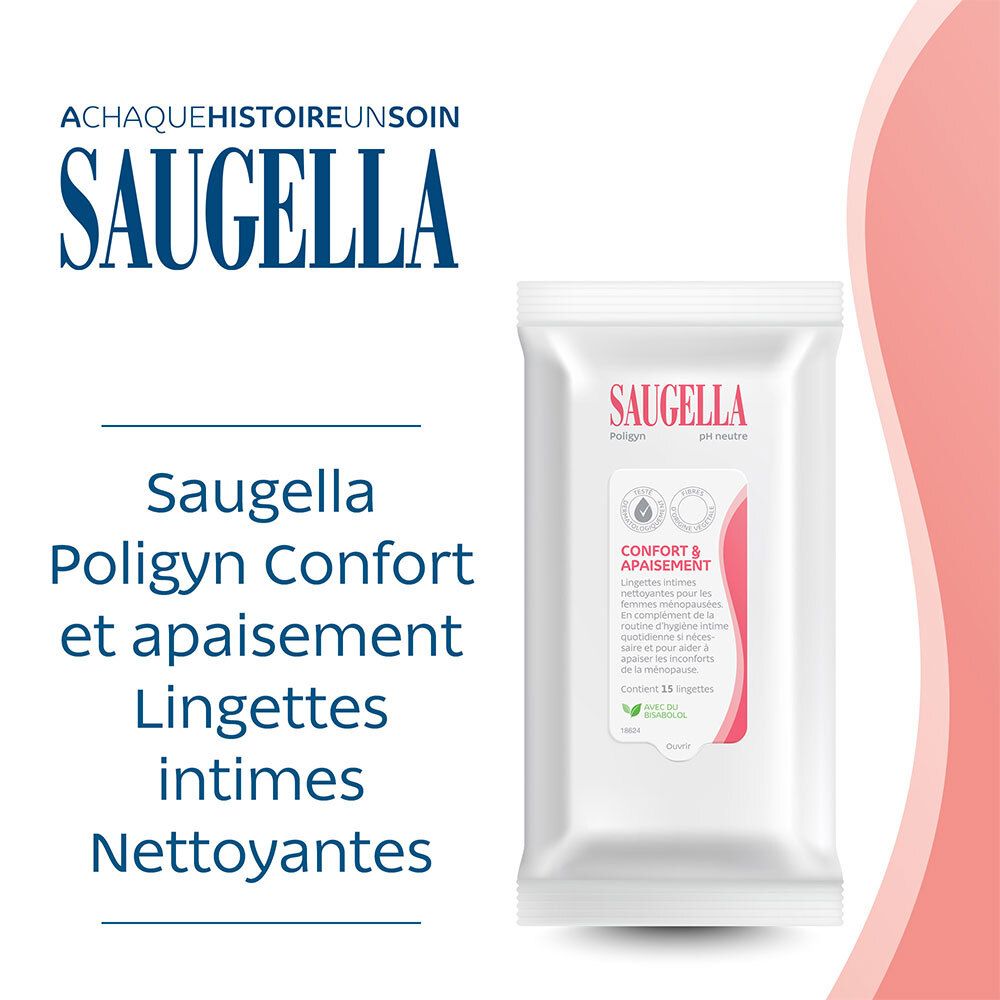 Paquet Saugella avec texte. "ACHAQUEHISTOIREUNSOIN" et nom du produit.