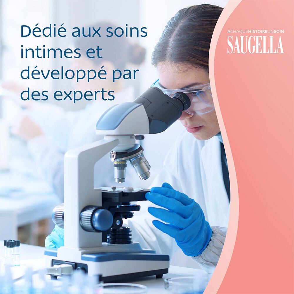 Microscope et texte. Dédié aux soins intimes, développé par des experts. Logo Saugella.