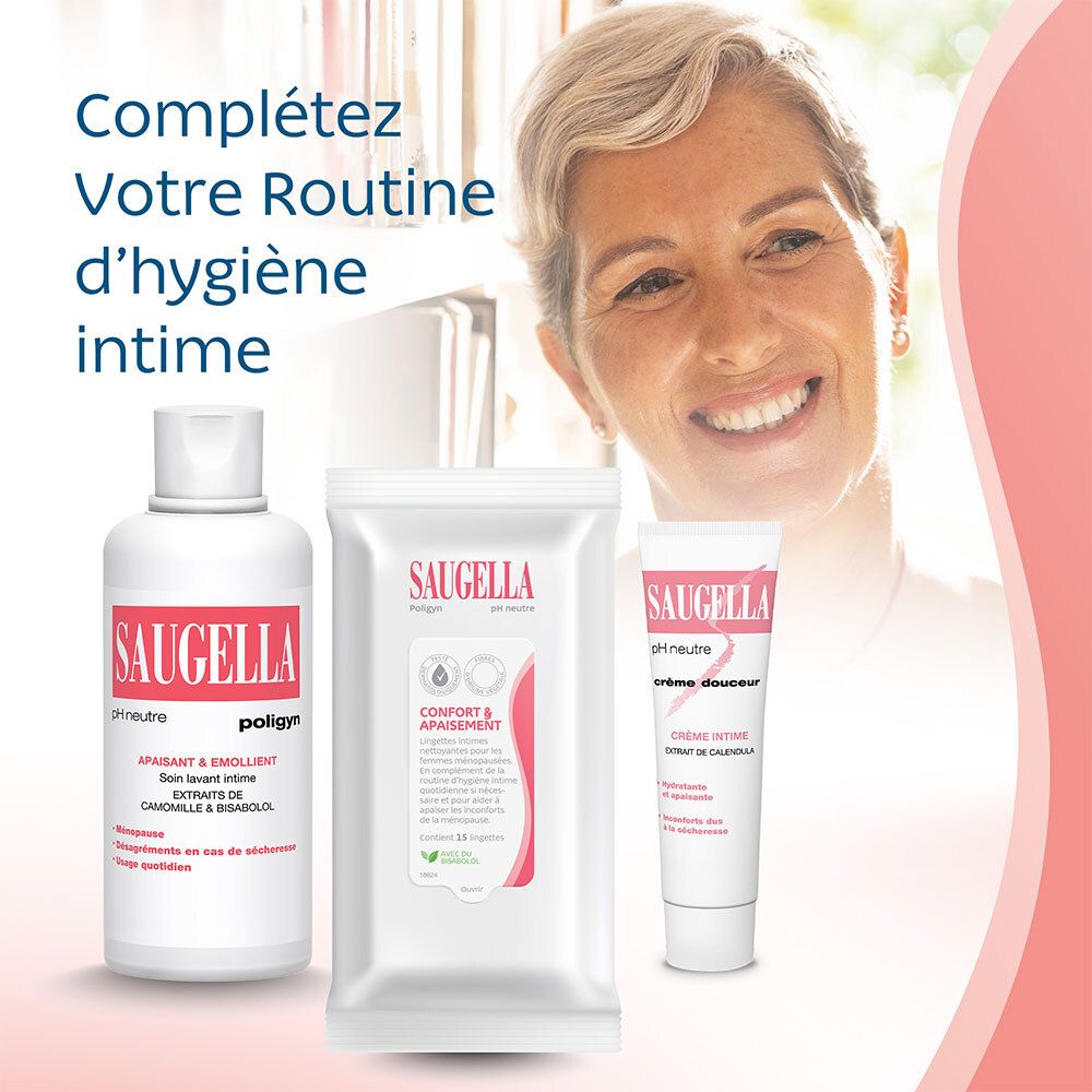 Trois produits Saugella. Lingettes, gel lavant et crème. Femme en arrière-plan.