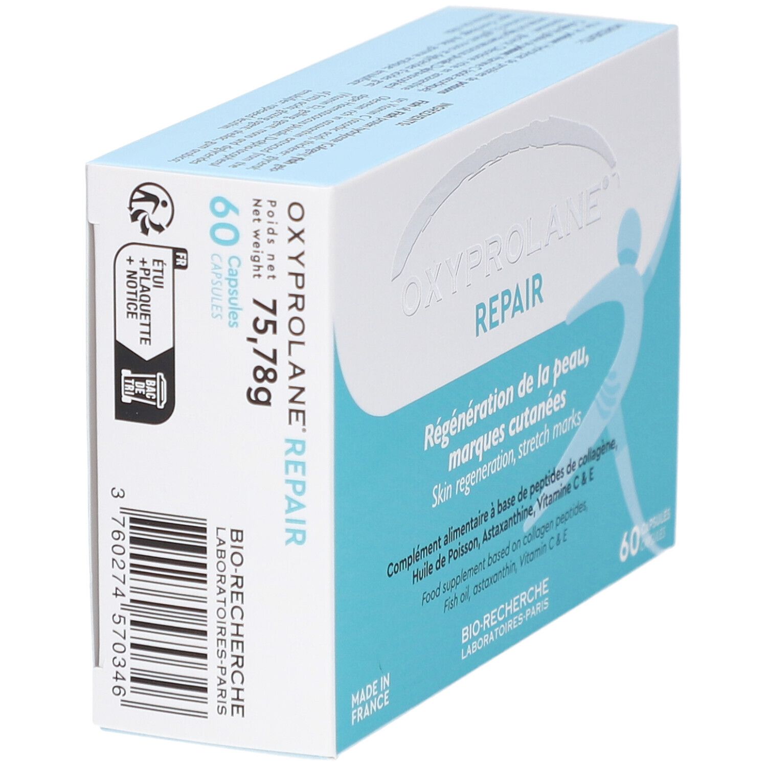 Schachtel OXYPROLANE REPAIR, 60 Kapseln. Text: Hautregeneration, Dehnungsstreifen. Gewicht: 75,78g. Bio-Recherche Laboratoires-Paris.