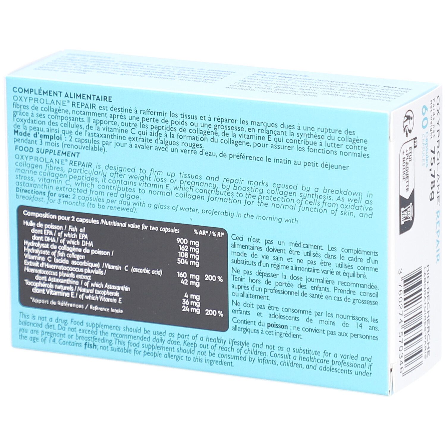 Rückseite der OXYPROLANE REPAIR-Schachtel. Text: Nahrungsergänzungsmittel. Inhaltsstoffe und Nährwertangaben. Bio-Recherche Laboratoires-Paris.