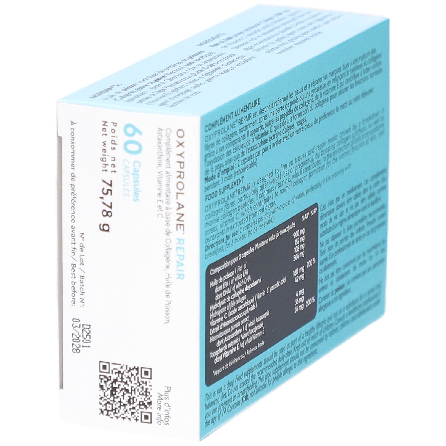 Schachtel OXYPROLANE REPAIR, 60 Kapseln. Text: Nahrungsergänzungsmittel. Inhaltsstoffe und Nährwertangaben. Mindestens haltbar bis 03/2028.