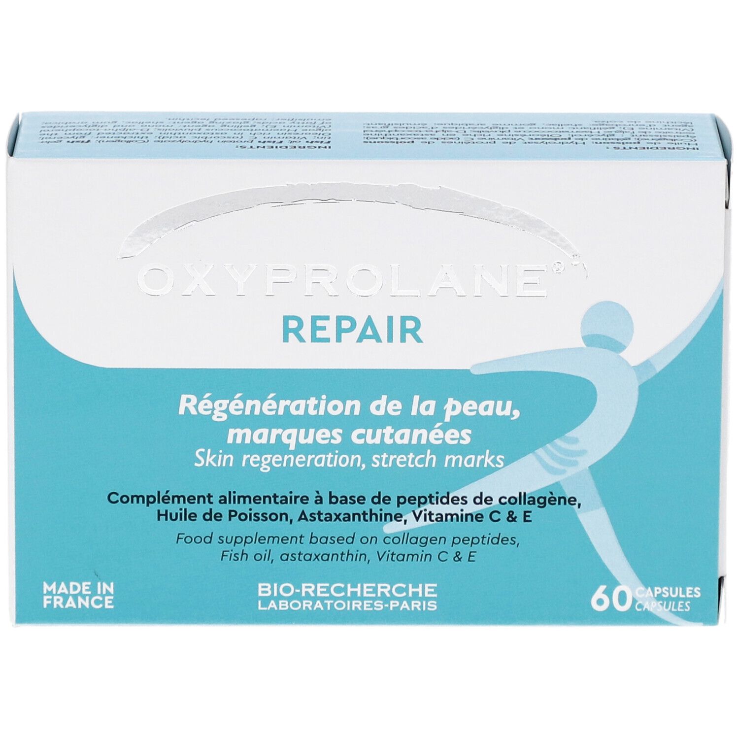 Hellblaue Schachtel mit OXYPROLANE REPAIR. Text: Hautregeneration, Dehnungsstreifen. Enthält 60 Kapseln. Hergestellt in Frankreich.