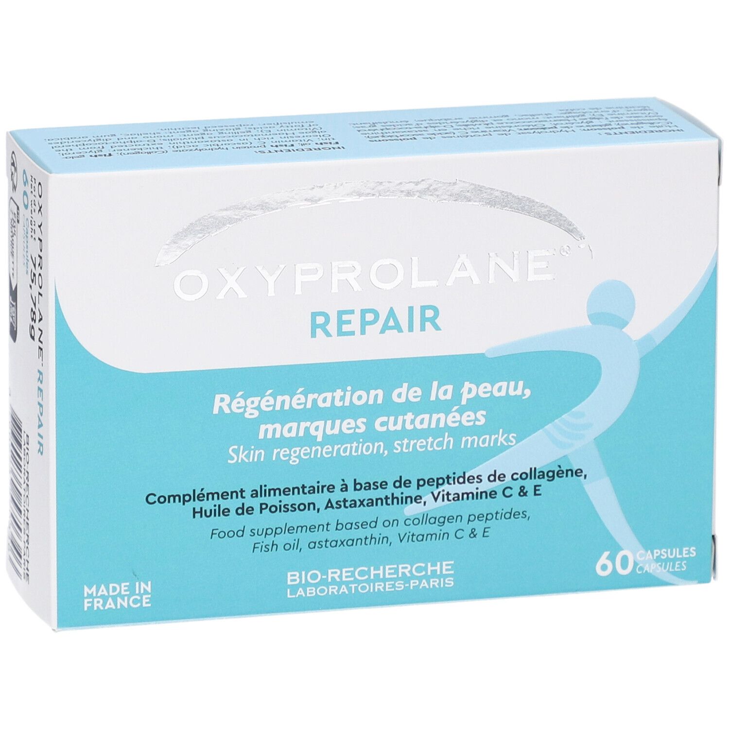 Hellblaue Schachtel mit OXYPROLANE REPAIR. Text: Hautregeneration, Dehnungsstreifen. Enthält 60 Kapseln. Hergestellt in Frankreich.