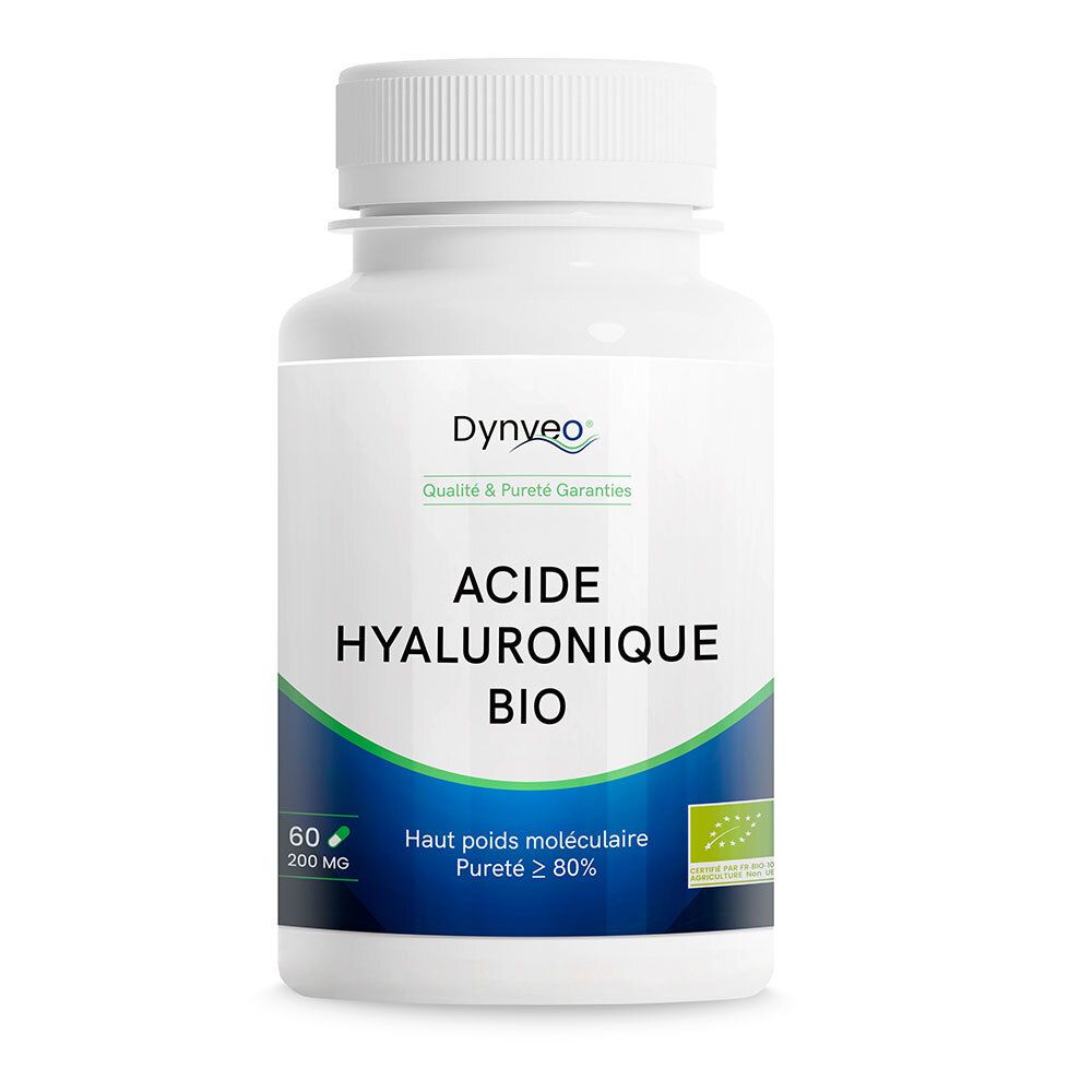 Weiße Kapsel-Dose mit blauem Etikett. Aufschrift: DYNVEO Acide Hyaluronique Bio. Mit Bio-Siegel.