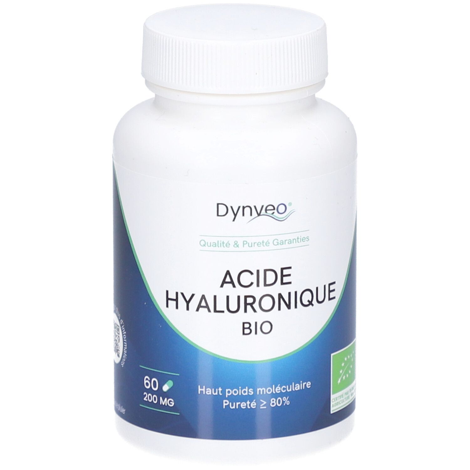 Weiße Kapsel-Dose mit blauem Etikett. Aufschrift: DYNVEO Acide Hyaluronique Bio. Mit Bio-Siegel.