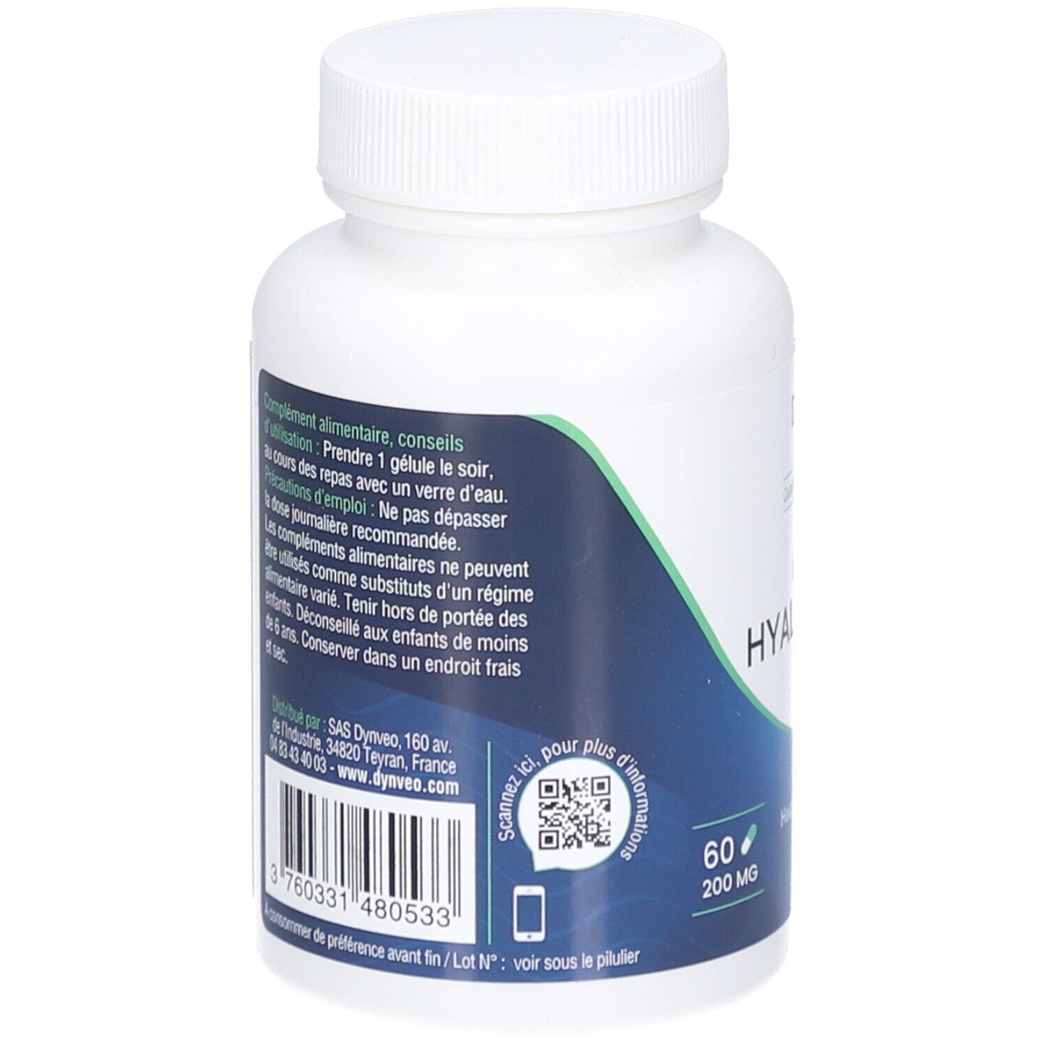 Rückseite der weißen Kapsel-Dose. Blaue Etikett mit Text und QR-Code. Barcode und Bio-Siegel.